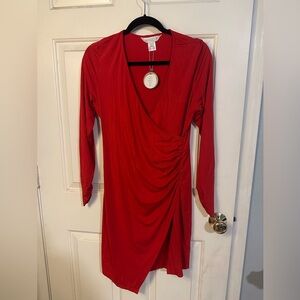 APRICOT Bright Red Ruched Faux-Wrap Long Sleeve Dress